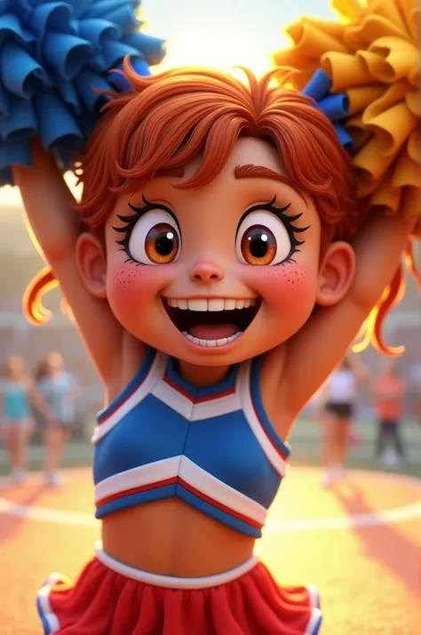 Girl with brown skin,  light brown eyes,  wavy red hair , freckles on the face. Clothing of cheerleaders in the colors blue and red. chubby body