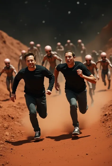 Elon Musk and Mark Zuckerberg running on Mars and many aliens running behind them, the faces of both Elon Musk and Mark Zuckerberg must be real 