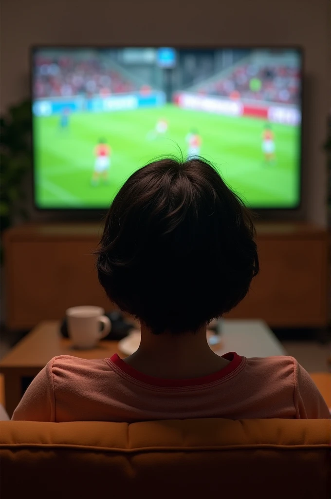 Chocolate-colored short-haired woman sitting on her back watching the Bolivian national soccer game... 