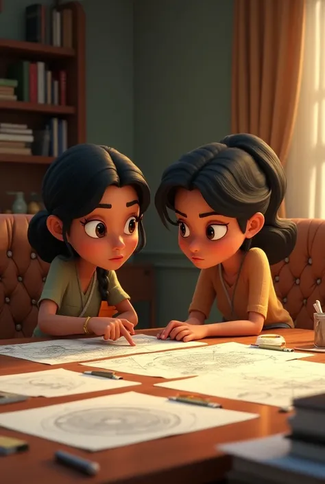 : "Generate in cinematic 3d cartoon style**
Cinematic 3D cartoon-style scene showing Nandini and Sameer huddled together, analyzing papers, documents, and notes spread across a table. Both look focused, with Sameer pointing to something on the paper."