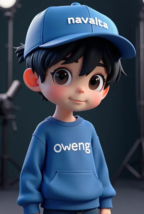 This is a 3D rendering of a stylized male anime character. he has large eyes, black hair, and is wearing a blue sweatshirt with "Oweng" written on it and a blue baseball cap with "Navalta" on it. The background is a dark studio setting with professional li...