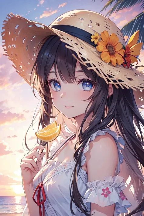  one girl , Long tied up brunette hair, smile,  blue eyes, ,  Browse Viewers ,  1 person, Floral straw hat, ( beach ), (sunset),  evening , masterpiece, 8k,  full light, Perfect outfit, perfect anatomy, Perfect Eyes,  perfect face, Sharp resolution, ( face...