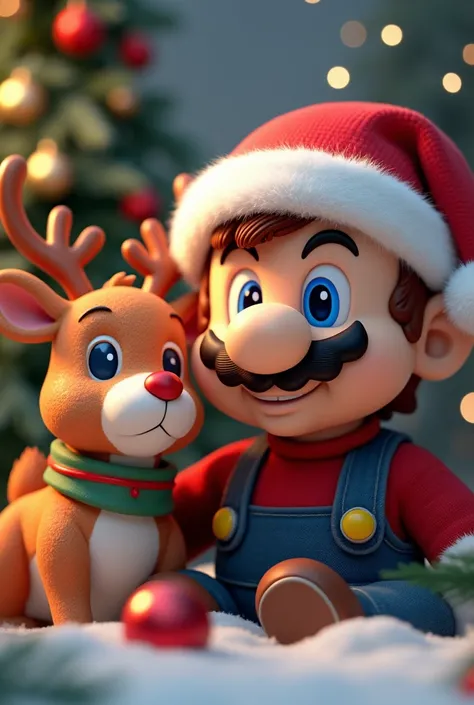 Mario Christmas hat next to Rudolf Christmas decor 