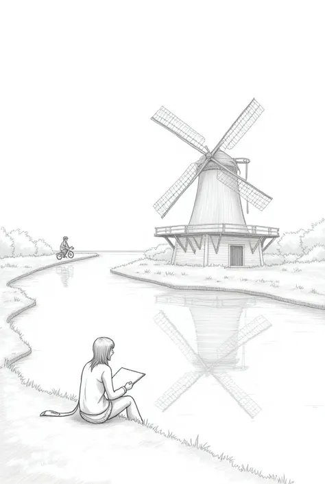 a simple pencil sketch of a riverbank with a windmill with its refection on the water where a woman is drawing a picture of the windmill and a man riding a bicycle down the path