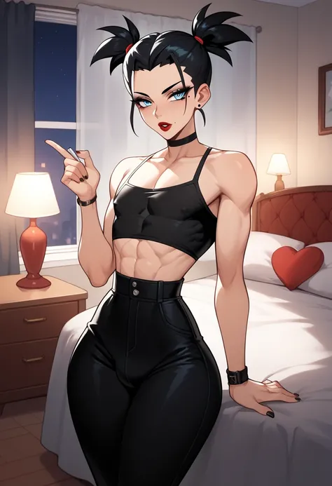 Mature man, handsome, Femboy, solo, black hair, light blue eyes, black clothes, black pants, black eyeliner, long eyelashes, mole on the cheek, red lips, forehead, medium hair, two fringe ponytails, two red ponytails holder, two tiny ponytails, thin waist,...