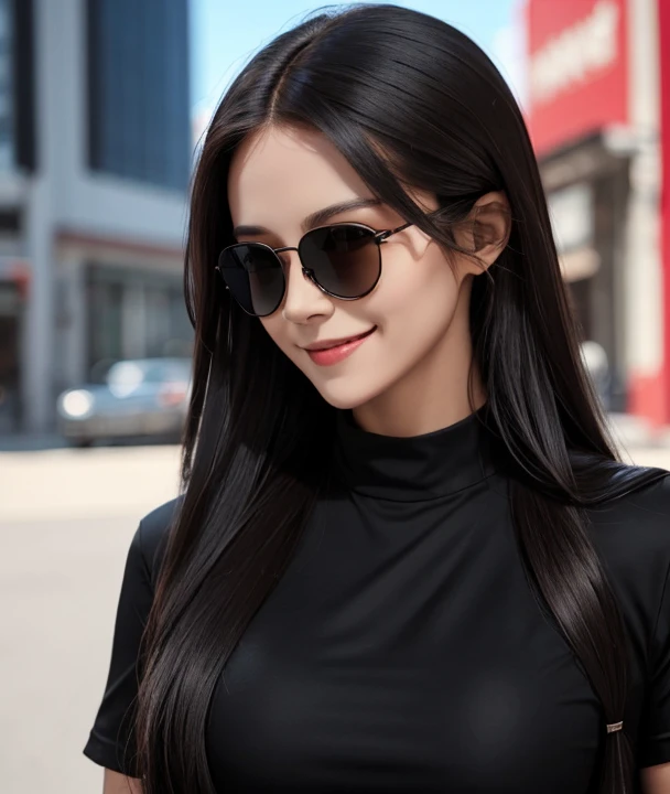 Woman black sunglasses, red t-shirt, black skinny pant suit, long hair, brown hair, high detailed, realistic, ultra realistic, smile, alternate dimension 