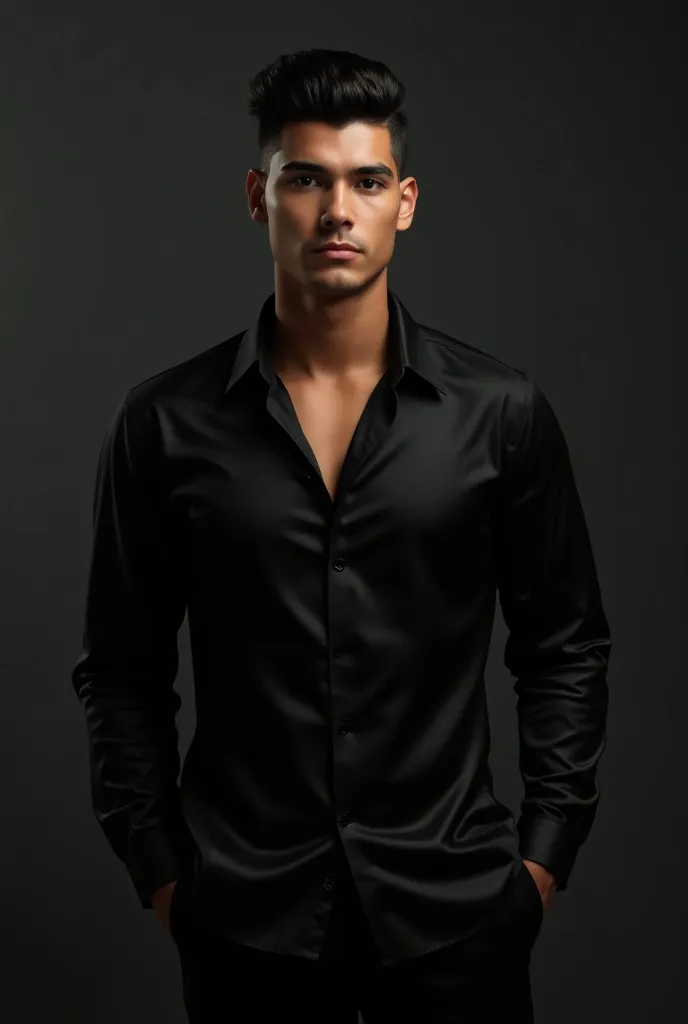 Jeune homme, grand, les cheveux noirs et les yeux noirs, 1m96, mince, muscler mais pas trop, très beau, la carurre imposante, vêtu d'une chemise noir et un pantalon noirs. Il est colombien la peau matte. 26 ans.