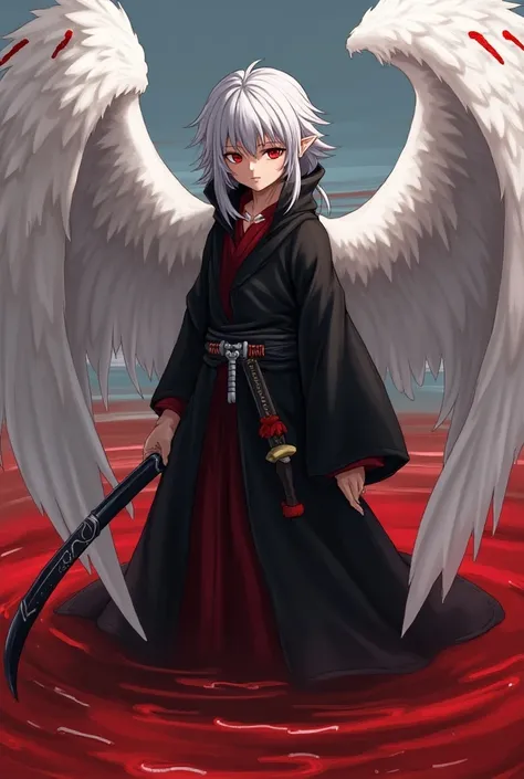 A young boy with a feminine face and long gray hair ,  dressed in a long black cloak and with large white wings with blood stains, standing in the middle of the scarlet ocean , holding a detailed katana with a long, thin curved blade and a white handle wit...