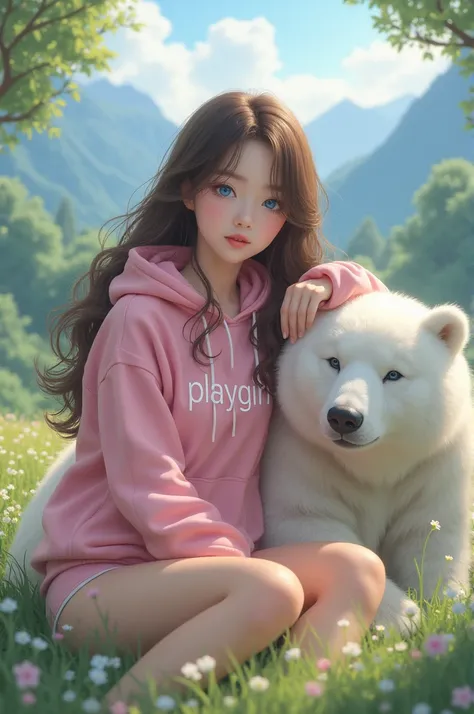 Beautiful Korean girl with blue eyes, brown wavy long hair, pink hoodie with writing "playgirl" white panties, sitting leaning on a white bear, in the background of a forest with wildflowers and mountains in the distance, 