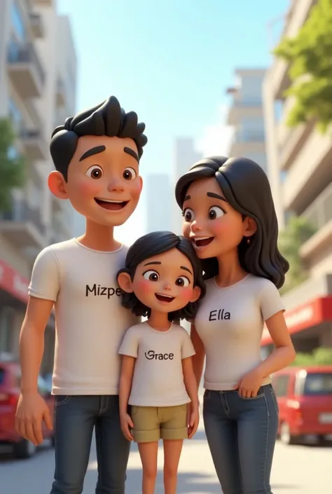 Create animated 3D illustration of Filipino married couple with girl sitting with city background,casual dress white t-shirt with name inscription "Mizpeh "  on her husbands t-shirt and name  "Ella"  on his wifes t-shirt and writing name  "Grace "  wearing...