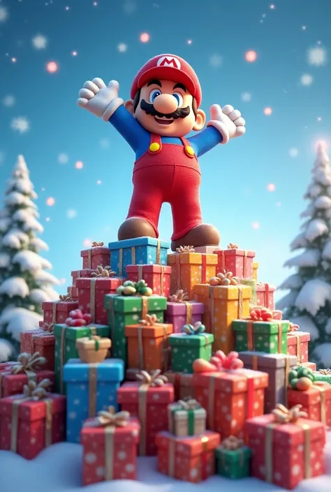 Mario on a mountain of Christmas gifts 