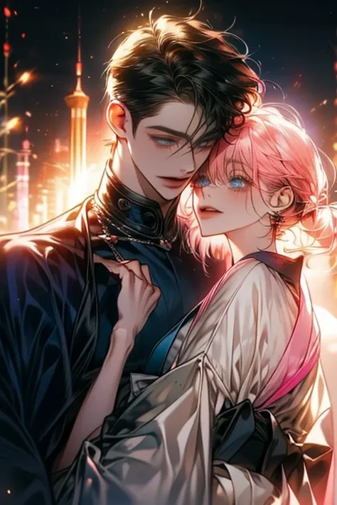  Extremely Delicate and Beautiful , masterpiece, best,  Beautiful image at the center of the screen ,  perfect face,  mans dark hair ,  womans pink hair ,  Both characters are depicted in detail ,  Every crease and curve is skillfully crafted to vividly co...