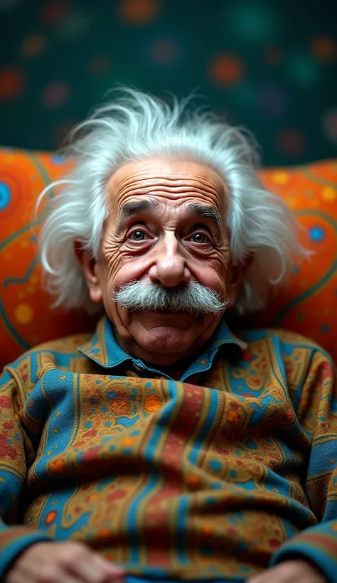 Einsteins Cosmic High Close-Up: Film Albert Einstein straight-on as he sits on a psychedelic couch, visibly high with a wide, blissful smile spreading across his face, looking directly into the camera as if his friend was filming.
