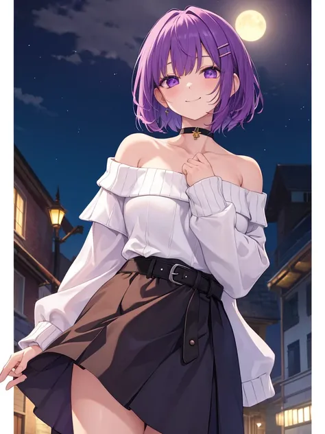  1 girl, solo, Purple Hair, Bob Hair,  medium breasts,white off-the-shoulder sweater, black skirt,Black belt, black choker, hair clips,Slanted Eyes, Light purple eyes, close your mouth, happiness/joy,  seductive smiles from all around, Looking up, standing...