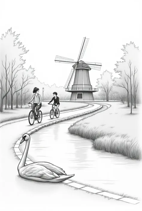 a pencil sketch of a park where there is a stream with a swan, a woman riding a bicycle running down the path and a windmill in the distance