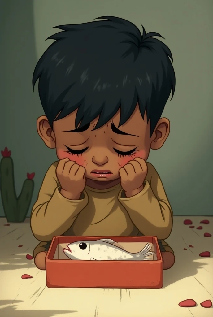 Little dark brown boy with smooth black hair crying over his dead little fish in a matchbox, cartoon style