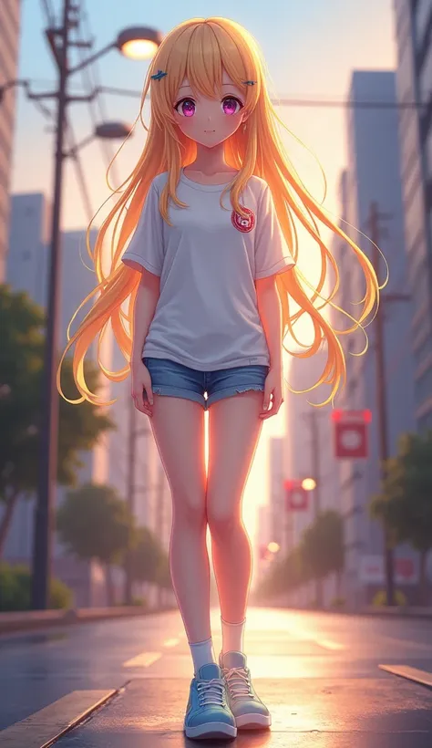 masterpiece, Best Quality,  Hi-Res,  very detailed,((( blonde pretty girl))), ((( Japanese Anime ))), (((long hair))), (((Wear a wet white shirt that you can see through))), ((( white high socks ))), (((Light blue sneakers))), (((In a modern city ))), (((e...