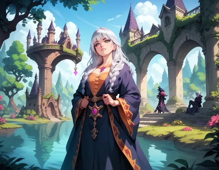 (best quality:1.2) , masterpiece ,  The Witch at Hogwarts ,  Silver Hair ,full shot , calm expression, Gaping Robe,Dark Exorcist  ,　Outdoor Intricate Lake 
