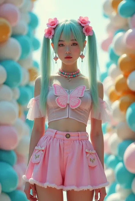 A beautiful Korean woman stands in front of a background filled with colorful foam Krathongs stacked in layers, in shades of blue, white, and gold. She has light green hair tied into pigtails, adorned with pink flowers. She wears a sheer light pink crop to...