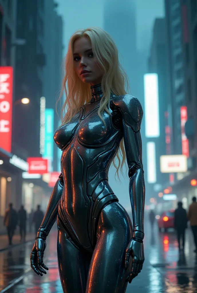 A futuristic cyberpunk city at night, glowing with neon lights and towering skyscrapers. In the foreground stands a female robot, sleek and elegant, with a blend of advanced technology and human-like features. Her body is made of polished chrome, with intricate circuit patterns glowing softly under her skin, giving her an ethereal, almost otherworldly appearance. Her eyes are artificial. She stands confidently in the middle of a rain-soaked street, her blonde hair cascading down, while droplets of water bead off her metallic frame. Around her, holographic advertisements flicker, and steam rises from the dark alleys. The atmosphere is mysterious and captivating, with a sense of both beauty and cold, calculated precision in her movements. The city behind her is both vibrant and dystopian, representing the intersection of human and machine in a world of technological advancement.