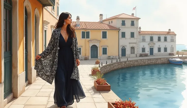 Beautiful woman with long straight dark hair walking alone through Spanish harbor in November 、 was wearing a long black long dress and wearing a damask pattern shawl、長いストレートの黒髪の美しい女性、 face up 、Includes earrings and necklace、Watercolor