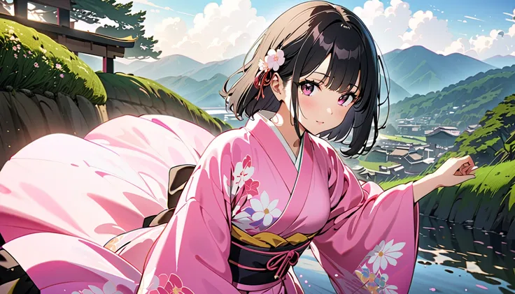 (Highest quality, 4K, 8k, High resolution, masterpiece:1.2), Very detailed, Picturesque, Anime style photo, Photo Anime:1.37)、A beautiful Japanese woman, kimono, 
black hair, japanese Showa era disco, whole body