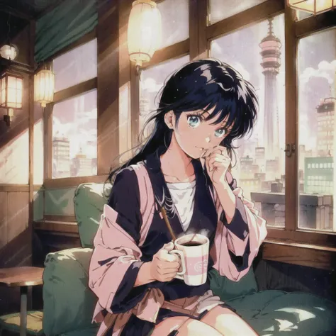 20-year-old woman sipping coffee in a retro cafe, 1980s anime style illustration, city pop aesthetic, warm and nostalgic atmosphere, vintage decor with neon accents, soft lighting, pastel color palette, relaxed and serene expression, fashionable 80s attire...