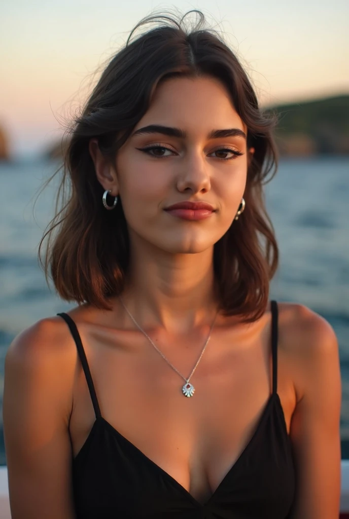  above the sea on a boat tour  with light brown eyes , a young girl with a beautiful body and medium tits with dark brown hair  ,  the girls nose is small shaped and her eyes are very beautiful  ,  girl wears flat silver hoop earrings and her face is very ...