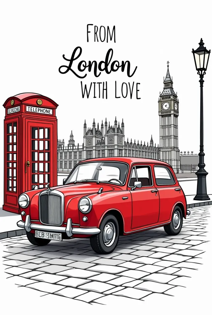 Illustration in a playful, hand-drawn style similar to a shop window display. Features a classic British vintage car, like an old Mini Cooper or Rolls Royce, with retro details and a Union Jack flag motif. Place the car on a cobblestone street with elements like a classic red phone booth, a lamppost, and Big Ben in the background. Use bold black outlines, a mostly white background, and minimal accent colors. Add the handwritten text 'From London with Love' at the top. The style should feel whimsical and charming, capturing the vintage charm of London streets.