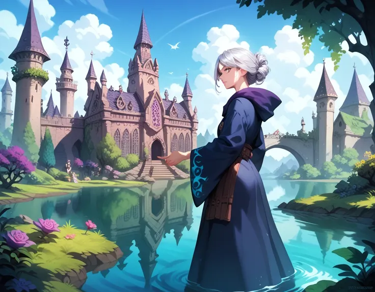 (best quality:1.2) , masterpiece ,  The Witch of Hogwarts,  Silver Hair ,full shot , calm expression, Gaping Robe,Dark Exorcist  ,　Outdoor lake、Tower 
, seems to be visible in the distance