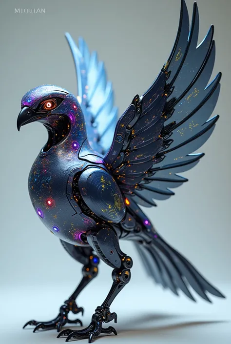 A highly detailed futuristic bird rendered with intricate mechanical and biological features. The birds body combines advanced technology and nature-inspired design with a metallic, robotic aesthetic. It features solar-powered feathers with built-in solar ...