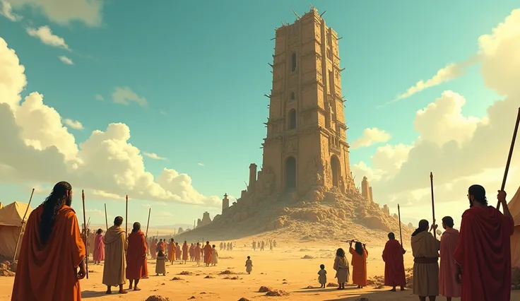 9.	 Families and groups giving up collaborating and leaving, abandoning the unfinished tower in the center of the plain .biblical times. Create in Disney and Pixar style and cartoon 