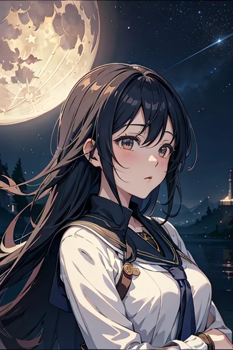  A painting depicting the stars and moon on the river and sky 、Condensed beauty dwells ,  concept art inspired by Mitsuki Tosa,  PIXIV COMPETITION WINNING PIXIV COMPETITION , Best Quality,  fantasy art,  beautiful anime scene , Bright moon circle,  starry ...