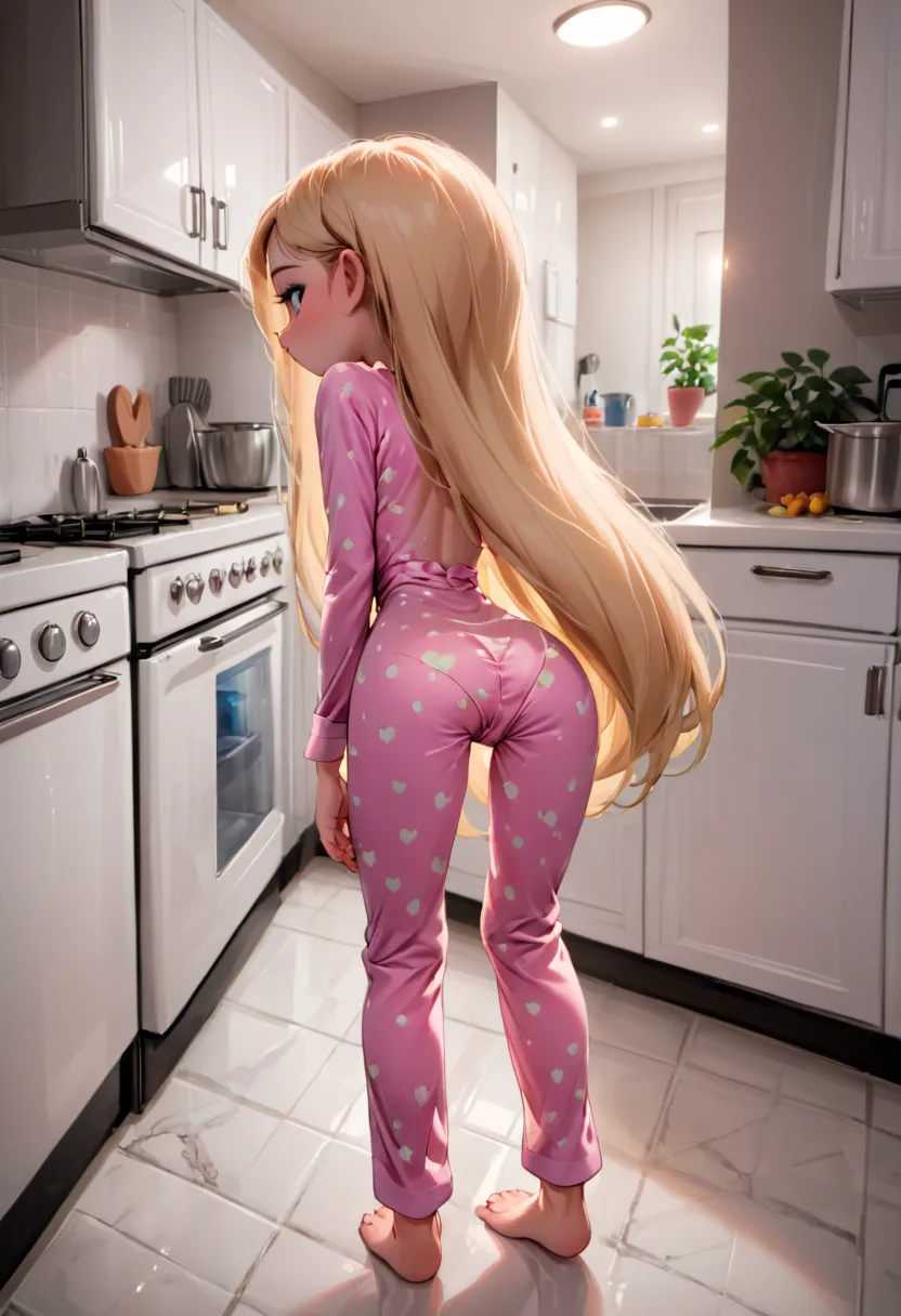 small girl, young, full body, (solo 0.6), straight blonde hair, very long hair, pov, face down, indoors, night, pink silk pajama...