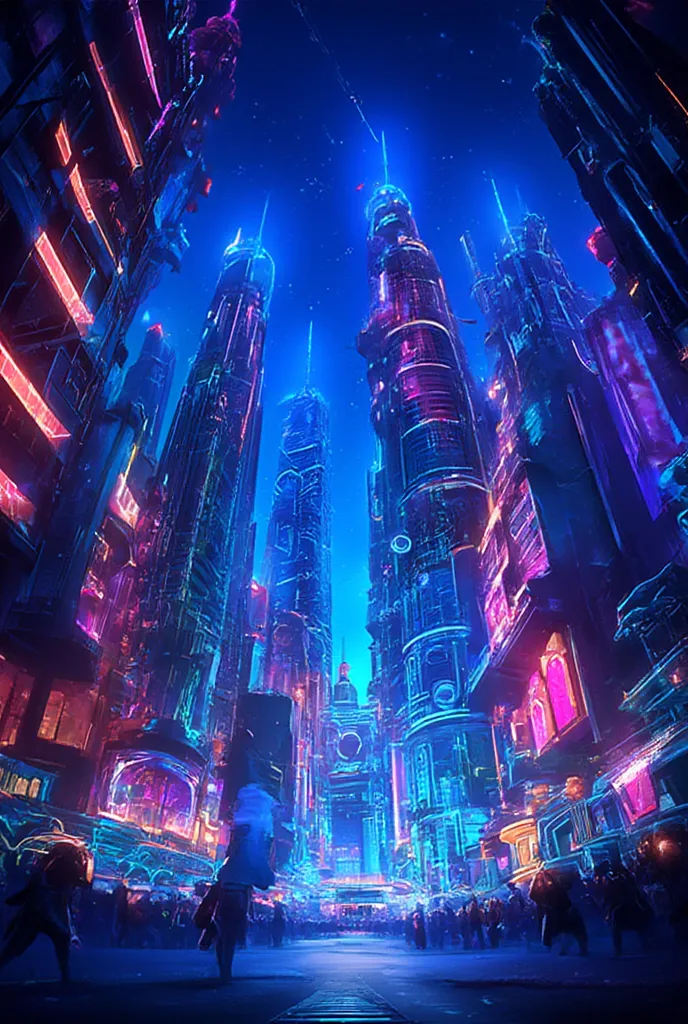 wide angle future technology night neon street （perfectly correct 、 perfect anatomy ）surreal towering wide angle future technolo...