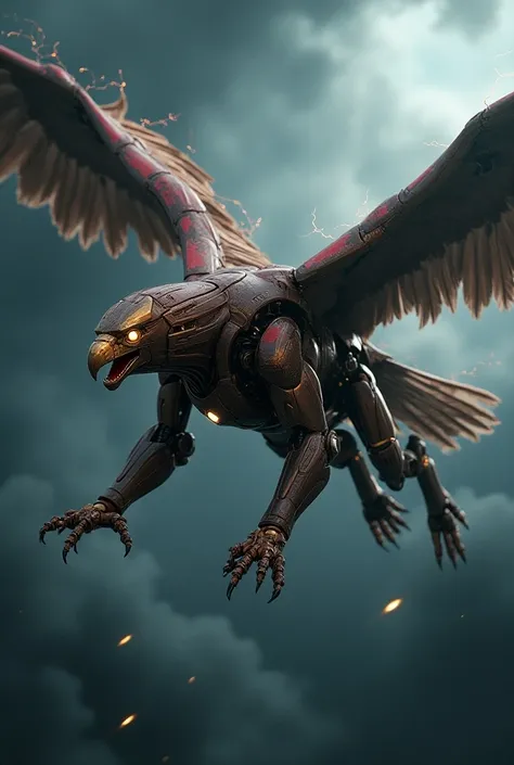 A hyper-realistic  creature Ironman into eagle flying in sky. Background is storm.