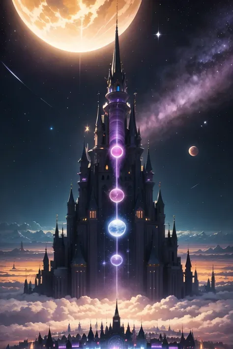 A fantasy city floating in the sky, surrounded by planets, clouds, and glowing purple energy trails. Massive, ornate celestial architecture with detailed spires and structures. The city is lit by the light of the stars, creating a dreamlike and otherworldl...