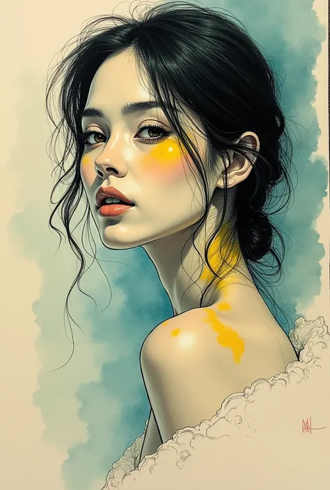  Drawing with ink technique , of woman,  applying soft and blurred lines , realistic lights and shadows through gradients and thick lines, esbozo beige, turquesa, yellow 