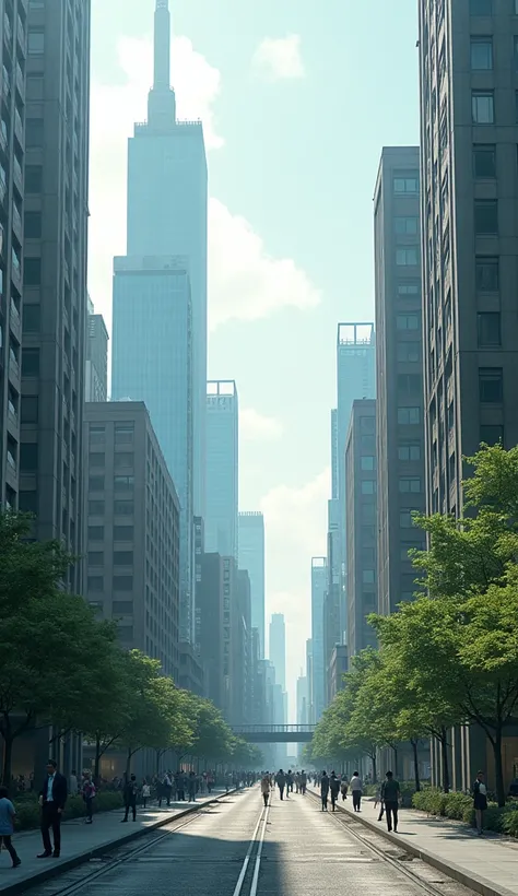 A futuristic cityscape of Tokyo with towering skyscrapers, but with fewer people on the streets. Show subtle signs of decline, such as empty public spaces and a calm, quiet atmosphere in an otherwise bustling city