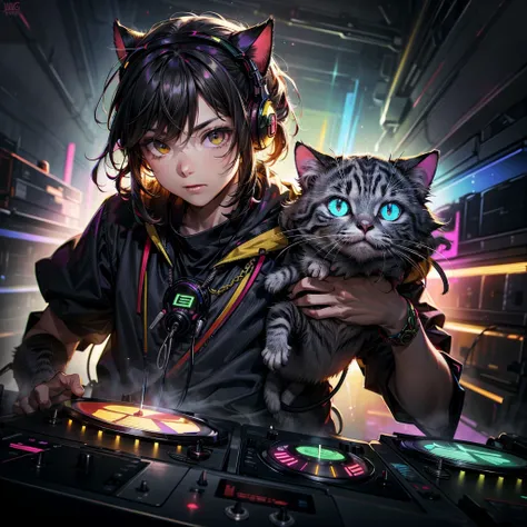 Explore the unique energy and laid-back attitude of a DJ cat in this detailed and vibrant image. With its lush coat adorned by vibrant colors and psychedelic patterns, This primate radiates  of expression and a deep search for connection with nature. His b...