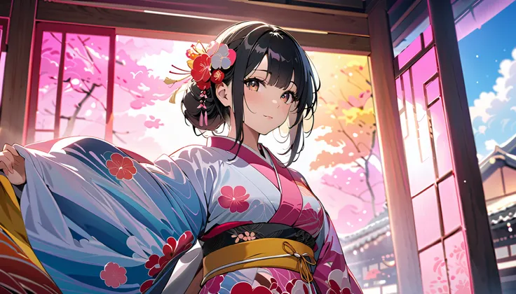 (Highest quality, 4K, 8k, High resolution, masterpiece:1.2), Very detailed, Picturesque, Anime style photo, Photo Anime:1.37)、A beautiful Japanese woman, kimono, 
black hair, japanese disco, whole body