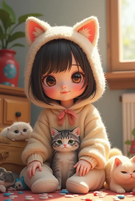 (ultra realistic,32k, masterpiece:1.2),(high detailed skin:1.1),( high quality:1.1), (masterpiece, best quality),T(best quality, masterpiece:1.2),A whimsical masterpiece of a kawaii scene: a petite, big-eyed girl with adorable cat ears and a sweet smile, m...