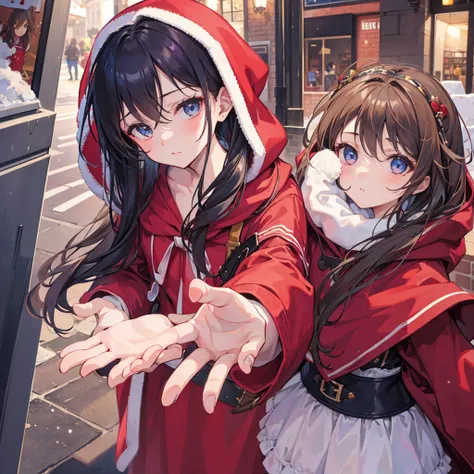  girl gives chocolate to a boy .  thoughtful look . open forehead .  art. eyes full of love . in a hooded robe .  christmas , It&#39;s snowing ,  holiday lights on the square. Night