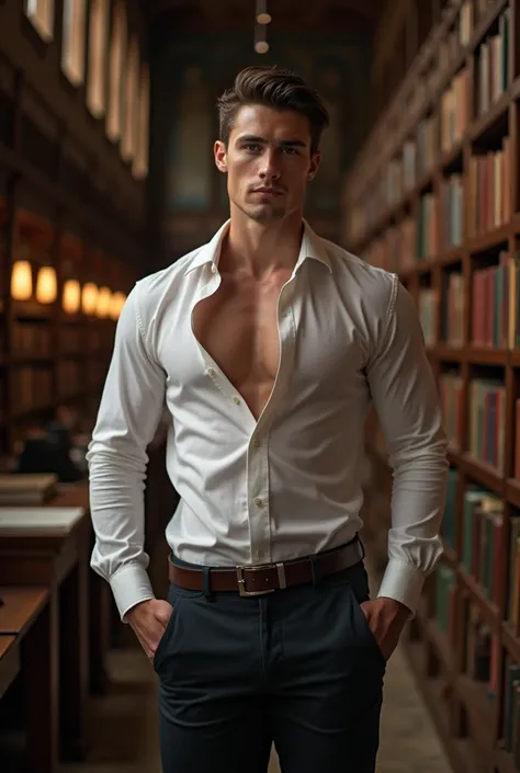 A tall, hot, handsome, muscular young man in his 20s as a librarian, with smooth white skin and strikingly handsome features—high cheekbones, square jawline, and a confident yet sensual gaze—stands in a vast library. His short, well-groomed hair complement...