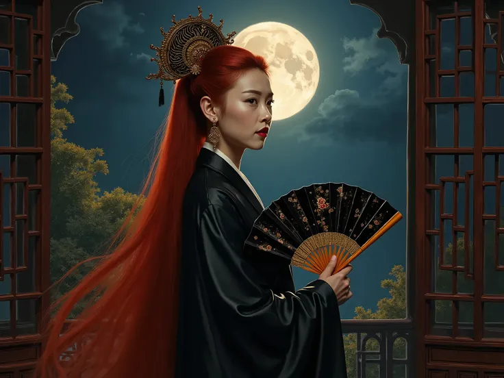 An ultra beautiful Asian woman long red-golden blue hair, holding a very ultra ornate long black ancient lacquered Asian fighting fan, wearing a long black Chinese womans dressing gown, in a darkened room of moonlight streak in through the opened balcony w...