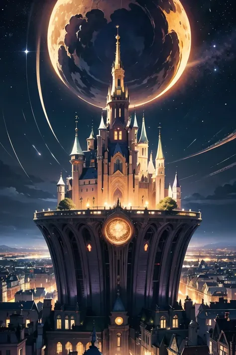 A fantasy city floating in the sky, surrounded by planets, clouds, and glowing purple energy trails. Massive, ornate celestial architecture with detailed spires and structures. The city is lit by the light of the stars, creating a dreamlike and otherworldl...