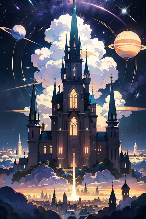 A fantasy city floating in the sky, surrounded by planets, clouds, and glowing purple energy trails. Massive, ornate celestial architecture with detailed spires and structures. The city is lit by the light of the stars, creating a dreamlike and otherworldl...