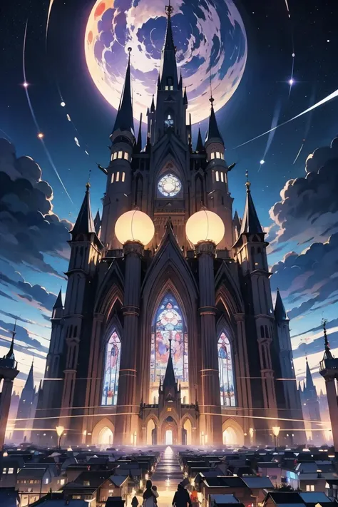 A fantasy city floating in the sky, surrounded by planets, clouds, and glowing purple energy trails. Massive, ornate celestial architecture with detailed spires and structures. The city is lit by the light of the stars, creating a dreamlike and otherworldl...