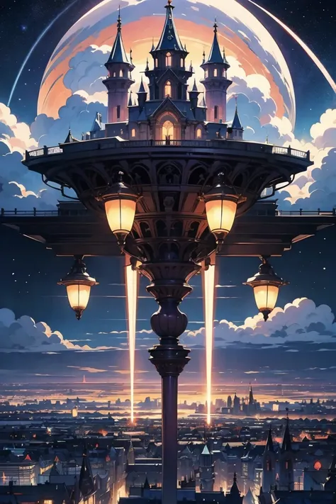 A fantasy city floating in the sky, surrounded by planets, clouds, and glowing purple energy trails. Massive, ornate celestial architecture with detailed spires and structures. The city is lit by the light of the stars, creating a dreamlike and otherworldl...