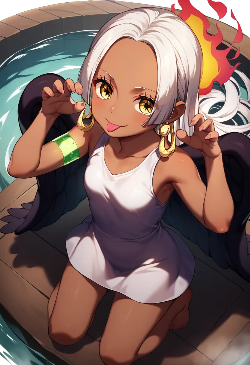 UHD, retina, textured skin, high details, high quality, best quality,  highres icon, 1080P, HD, 16k、1 Girl,Earthsnake , Long Hair, white hair, Brown Skin、,  earrings for a woman alone, Yellow Eyes, symbol-shaped pupils,  black wings  ,  small breasts.  sun...